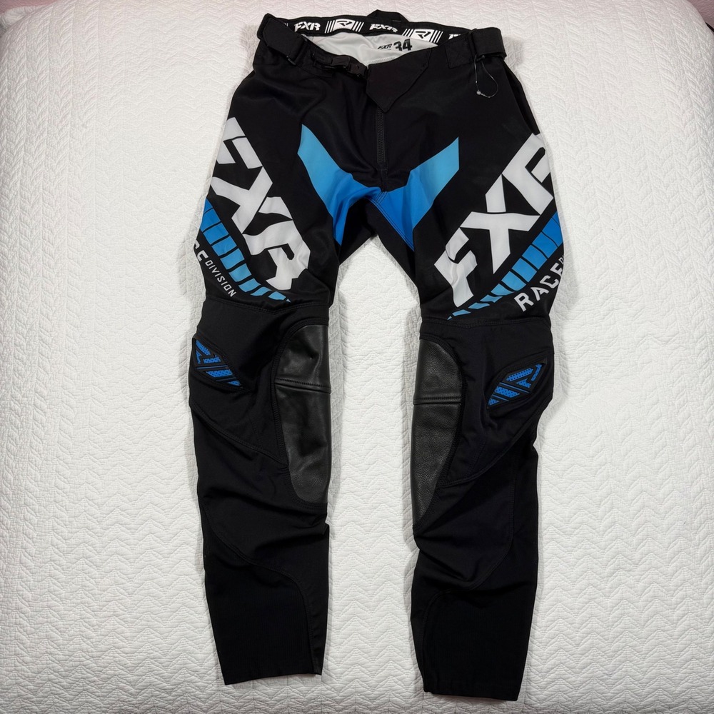 FXR Revo MX Men Motocross Racing Pants SZ 34 Leather Knee Black Blue NWOT‎